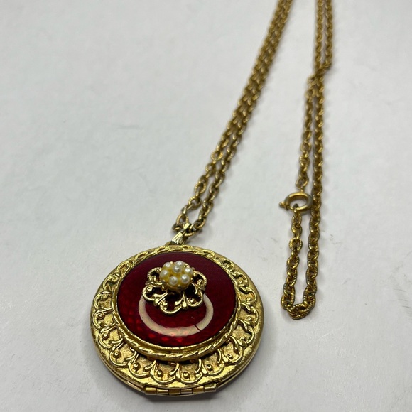 Vintage Guilloche Locket Necklace Gold Tone Red Enamel and Pearl Detail - Picture 2 of 15